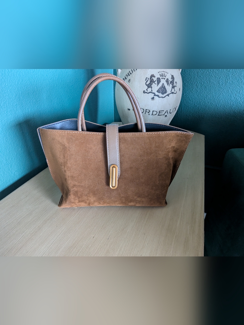 Commense Brown Suede Tote with Taupe Trim and Gold Accent